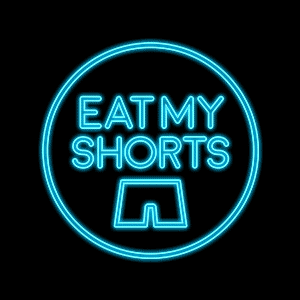 Programme logo for "Eat My Shorts" rendered as a blue neon light sign: the text "Eat My Shorts" and below, a pair of shorts.