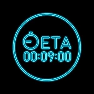 Programme logo for "ETA: 9MIN" rendered as a blue neon light sign: a symbol of a stop watch and the text "ETA", with the time "00:09:00" below them.