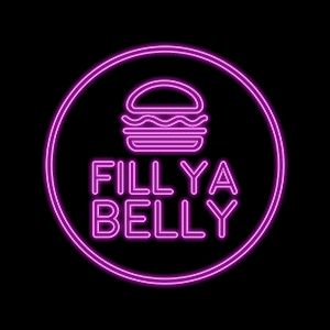 Programme logo for "Fill Ya Belly" rendered as a purple neon light sign: a line drawing of a burger, and the text "Fill Ya Belly" below it.