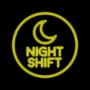 Programme logo for "Night Shift" rendered as a yellow neon light sign: a crescent moon with the text "Night Shift" below it.