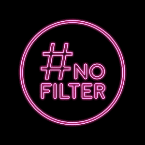 Programme logo for "#NOFILTER" rendered as a pink neon light sign: the text "No Filter" with the hex/hash symbol in the top right corner.