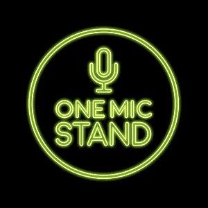 Programme logo for "One Mic Stand" rendered as a green neon light sign: a symbol of a microphone, with the text "One Mic stand" below.