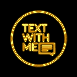 Programme logo for "Text With Me" rendered as an orange neon light sign: the text "Text With Me" with a speech bubble in the bottom right corner.